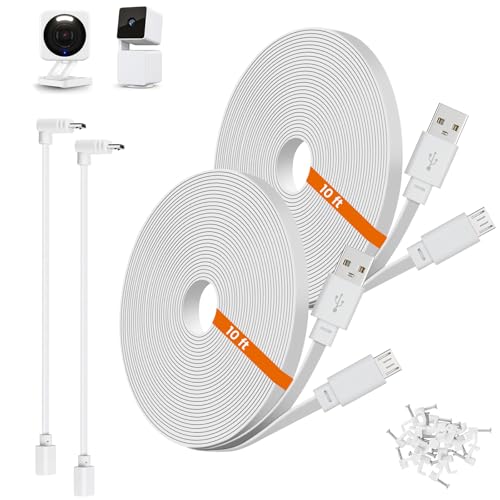 2-Pack 10ft Power Extension Cable Compatible with Wyze Cam v4, Wyze Cam Pan v3, Wyze OG, v3 and v3 Pro Security Cameras - 3m Long Flat USB to Micro USB Charging Cord with L-Shaped Adapter, White - color: White, size: 10 Feet