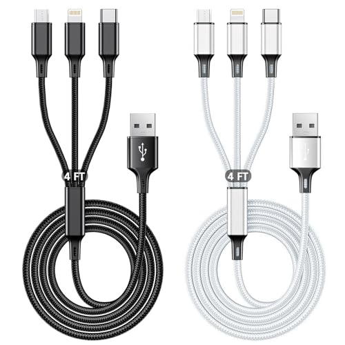 Multi USB Charging Cable 3A, 3 in 1 Charger Cord Connector with Dual Phone/Type C/Micro USB Port Adapter, Compatible with Tablets iPhone 14 13 12 Pro 8 7 Samsung Galaxy (4FT/2Pack Charging Only) - color: 4FT/1.2M Sliver+Black