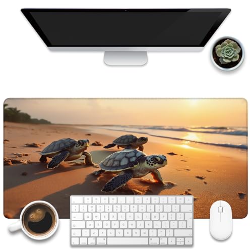 Large Gaming Mouse Pad for Desk, Baby Turtles On Beach Desk Mat, Cute Sea Turtle Desk Pad, 31.5"x15.7" Extended Big Computer Keyboard Mouse Pad with Non-Slip Base and Stitched Edge - color: Baby Turtles on Beach