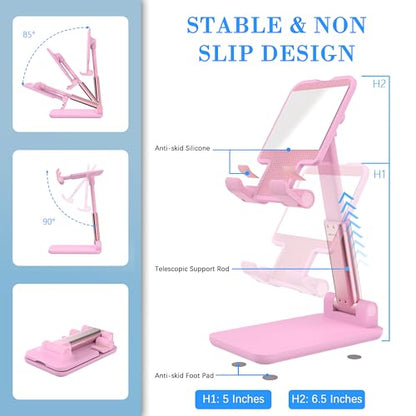 Cell Phone Stand, Adjustable Angle and Height Cell Phone Holder for Desk, Foldable and Portable, Anti-Slip Silicone Pad, Compatible with All Mobile Phones and 4-8 Inch Devices (Pink&Green) - color: Pink&Green