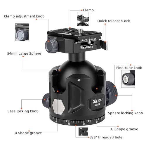 54mm Aluminum Alloy Tripod Ball Head, 35kg Heavy Load Panoramic Ball Head, Arca Swiss & Picatinny Dual Clamp Rotating Head for Photography Hunting Shooting - size: 54mm