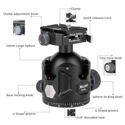 54mm Aluminum Alloy Tripod Ball Head, 35kg Heavy Load Panoramic Ball Head, Arca Swiss & Picatinny Dual Clamp Rotating Head for Photography Hunting Shooting - size: 54mm