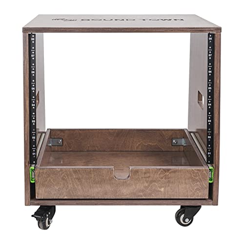 Sound Town 8U DIY Solid Baltic Birch Plywood Slanted Studio Rack with 8U Rack Space, Extra 2U Drawer, Rubber Feet, Casters, Weathered Brown (SDRK-8TBD2) - size: 8U, Weathered Brown, Slanted w/ Drawer
