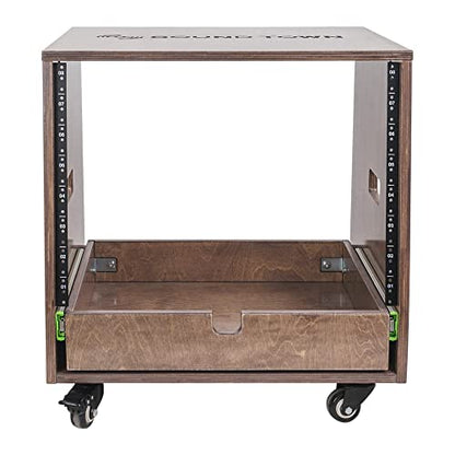 Sound Town 8U DIY Solid Baltic Birch Plywood Slanted Studio Rack with 8U Rack Space, Extra 2U Drawer, Rubber Feet, Casters, Weathered Brown (SDRK-8TBD2) - size: 8U, Weathered Brown, Slanted w/ Drawer