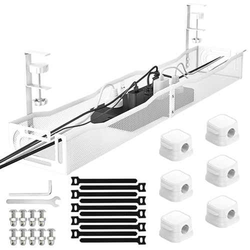 No Drill Under Desk Cable Management Tray, SONATURE 25.3" Cord Organizer for Table, Clamp Mount Desk Cable Management, Premium Carbon Steel Cable Organizer for Office, Home (White) - color: White, size: 25.3 inchs
