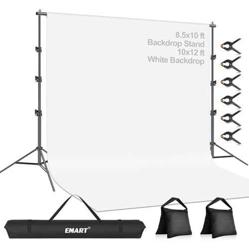 EMART Portable Photography Backdrop Stand Kit 8.5 x 10 ft with 10 x 12 ft White Backdrop, Adjustable Background Support System for Photo Video Studio, Photoshoot, Party, Live Game, Interviews - size: 8.5*10ft Stand/10*12ft Backdrop