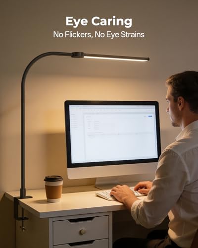 LED Desk Lamp for Home Office, Eye-Caring Architect Task Lamp with Clamp, Adjustable Gooseneck Desk Light, Clamp on Desk Lamps with Dimming, Flexible Craft Study Light for Office, Workbench - color: Black