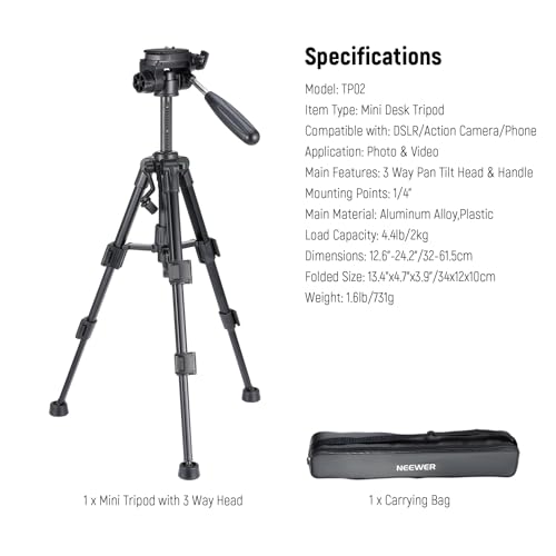 NEEWER Basic Mini Desk Tripod for Camera with 3 Way Pan Tilt Head & Handle, Small Portable Metal Tabletop Selfie Stick Stand with 1/4" Screw for DSLR Vlog Video Recording, Max Load 13.2lb, TP02 - style: TP02