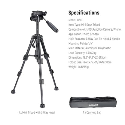 NEEWER Basic Mini Desk Tripod for Camera with 3 Way Pan Tilt Head & Handle, Small Portable Metal Tabletop Selfie Stick Stand with 1/4" Screw for DSLR Vlog Video Recording, Max Load 13.2lb, TP02 - style: TP02