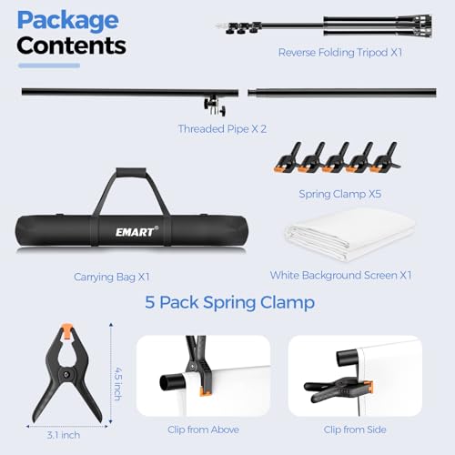 EMART White Photo Backdrop with Stand Kit 10x5ft, Photography White Background Screen with Portable T-Shape Support and 5 Clamps for Video Recording, Meetings, Self Tape - size: 5x10ft