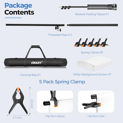 EMART White Photo Backdrop with Stand Kit 10x5ft, Photography White Background Screen with Portable T-Shape Support and 5 Clamps for Video Recording, Meetings, Self Tape - size: 5x10ft