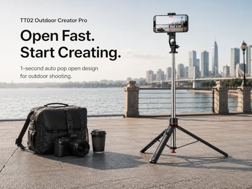 Outdoor Creator Tripod Pro for iPhone, 70 Inch | Auto pop open tall creator tripod with magnetic remote, 1/4 mount and stable base for outdoor vlogging
