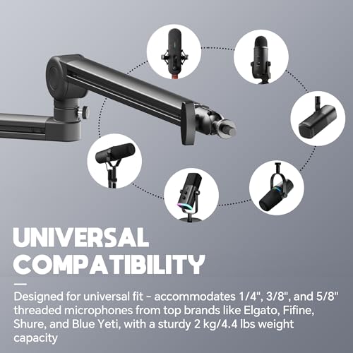 Low Profile Mic Arm, Microphone Boom Arm, Full Aluminum Adjustable Mic Stand with Desk Clamp, 360° Rotatable Heavy Duty Microphone Stand for Streaming, Podcasting, Recording