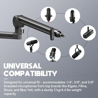 Low Profile Mic Arm, Microphone Boom Arm, Full Aluminum Adjustable Mic Stand with Desk Clamp, 360° Rotatable Heavy Duty Microphone Stand for Streaming, Podcasting, Recording