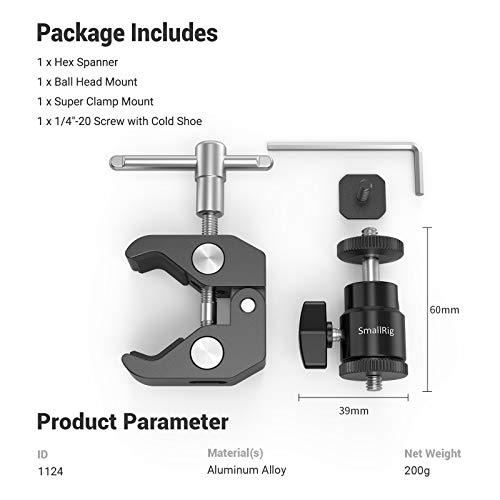 SmallRig Super Clamp Mount with Mini Ball Head Mount, Hot Shoe Adapter with 1/4 Screw for LCD Field Monitor, LED Lights, Flash, Microphone, for Gopro, for DJI Action 2, for Insta360