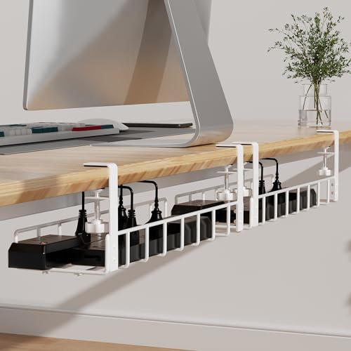 2 Pack Under Desk Tray, 31.4" No Drill Wire Management with Upgraded Clamp, Metal Cord Organizers for Desk, PC Cable Rack, White - color: White, size: 2 Pack (Standard)