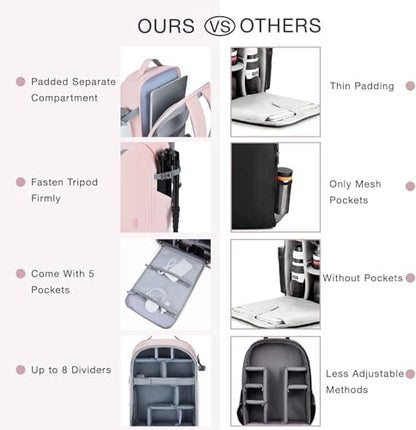 BAGSMART Camera Backpack, DSLR SLR Camera Bag Backpack Fits 15.6 Inch Laptop, Waterproof Camera Case for Photographers and Women,with Rain Cover,Tripod Holder,Pink - color: Pink, size: Large