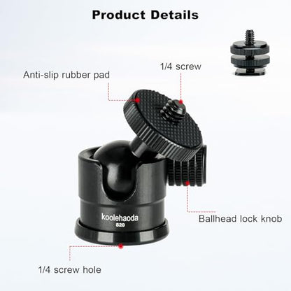 Koolehaoda Mini Ball Head with Cold Shoe Mount 360° Swivel for Camera | Tripod Ball Head Aluminum 1/4" Screw Panoramic Mount with Removable Hot Shoe Adapter for Video Light Microphone