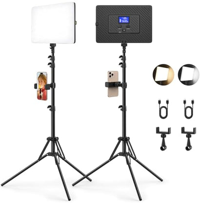 2 Pack Led Video Light Kit with Stand, Kmasic Photography Light Panel Built-in 8000mAh & LCD Display, 2200Lux 2500K-8500K Soft Studio Light for Video Recording Game Live Streaming YouTube TikTok