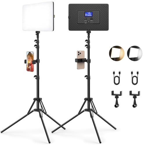 2 Pack Led Video Light Kit with Stand, Kmasic Photography Light Panel Built-in 8000mAh & LCD Display, 2200Lux 2500K-8500K Soft Studio Light for Video Recording Game Live Streaming YouTube TikTok