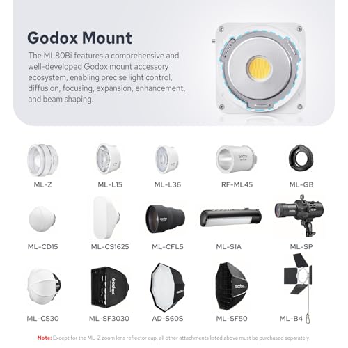 Godox ML80Bi COB Video Light w/95Wh Detachable Battery, Brighter Bi-Color Led Video Light 29600lux@5600K 1m, CRI 96, 2800K-6500K,11FX, Dimming 0%~100%, Portable Continuous Output Lighting Photography - color: ML80Bi