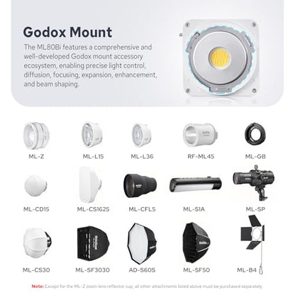 Godox ML80Bi COB Video Light w/95Wh Detachable Battery, Brighter Bi-Color Led Video Light 29600lux@5600K 1m, CRI 96, 2800K-6500K,11FX, Dimming 0%~100%, Portable Continuous Output Lighting Photography - color: ML80Bi