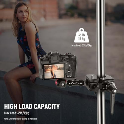 NEEWER Super Clamp with 5/8" Stud, Spring Lock, 2.4"/6cm Jaw Grip Heavy Duty Crab Pole Clamp for Round Pipe Flat Surface, for Photography Studio Camera & Lighting Mounting, Max Load 33lb/15kg, UA017 - style: UA017(1 Pack）