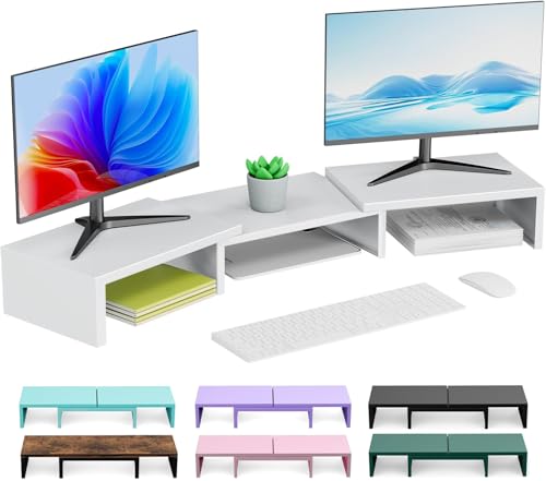 Dual Monitor Stand for Desk, Metal Computer Stand, Desk Shelf Riser,Desktop Organizer for Home and Office Use (White) - color: White