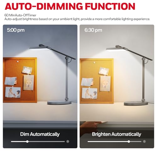 Honeywell Desk Lamp for Home Office, H4 Sunturalux™ Eye-Caring LED Desk Light, 700LM Dimmable Desk Lamp with Timer, Adjustable Desk Reading Light, Touch Auto Dimming Table Lamp for Study, Bedroom - color: Gray