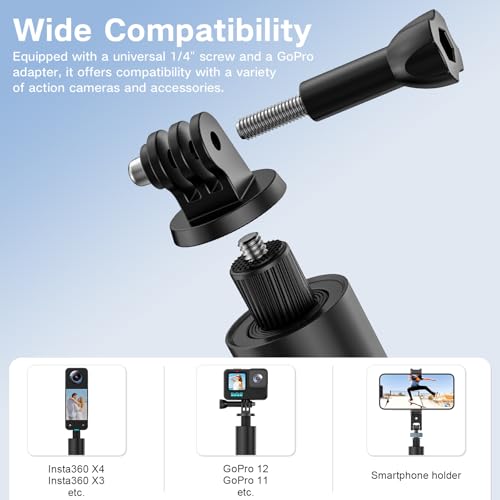 Invisible Selfie Stick Tripod 165cm, 2 in 1 Extension Monopod Pole for Insta360 X5 X4ONE X2,1/4" Action Camera Selfie Stick Handle Grip with Adapter for GoPro, DJI Osmo Action 5 Pro/4 - size: 165CM