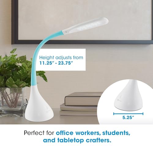 OttLite Creative Curves LED Desk Lamp with USB Port, White with Turquoise | ClearSun LEDs Reduce Eyestrain | 4 Brightness Settings | Adjustable Flexible Neck | 11.25 to 23.75 inches - color: White/Blue
