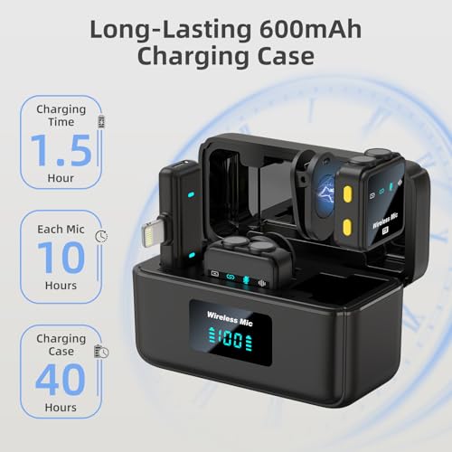VM32 Wireless Mini Microphone for iPhone 14/13/12, Lavalier Lapel Phone Mic with 40H Charging Case 75 Ft Video Recording Vlogging Tiktok YouTube