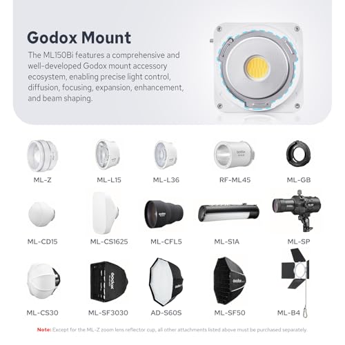 Godox ML150Bi Bi-Color COB LED Video Light 150W, 61054Lux@1m, 2800K-6500K, 11 FX, Compact COB LED Continuous Output Lighting for Studio & Outdoor Shooting, APP/DMX/RDM Control, Handheld LED Monolight - color: ML150Bi