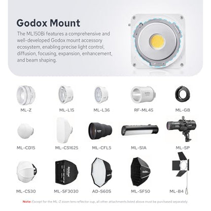 Godox ML150Bi Bi-Color COB LED Video Light 150W, 61054Lux@1m, 2800K-6500K, 11 FX, Compact COB LED Continuous Output Lighting for Studio & Outdoor Shooting, APP/DMX/RDM Control, Handheld LED Monolight - color: ML150Bi