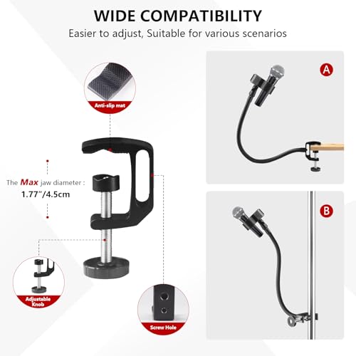 18.9" Gooseneck Microphone Stand, Flexible Adjustable Mic Arm with Super Clamp and Mic Clip, 3/8" to 5/8" Adapter, Microphone Mount Compatible with Shure/Fifine/AT2020/Pyle/Blue Snowball/Razer