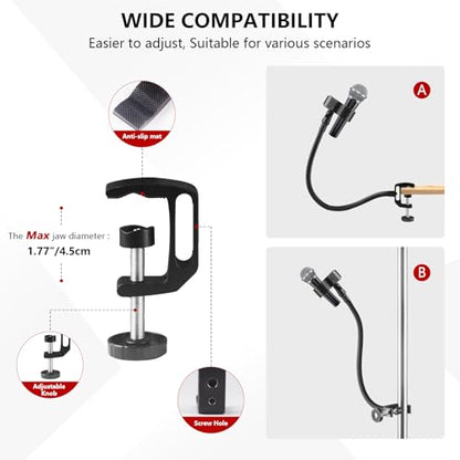 18.9" Gooseneck Microphone Stand, Flexible Adjustable Mic Arm with Super Clamp and Mic Clip, 3/8" to 5/8" Adapter, Microphone Mount Compatible with Shure/Fifine/AT2020/Pyle/Blue Snowball/Razer
