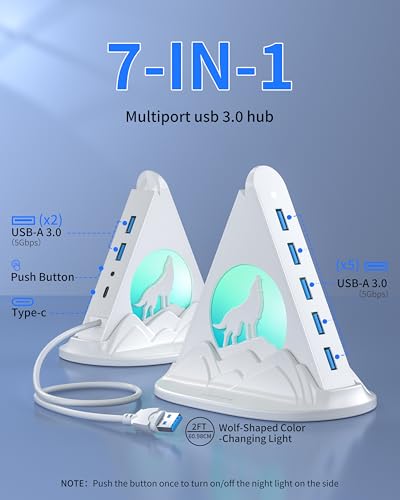 USB Hub 3.0, 7-Port USB Hub with RGB Night Light and Base, Vertical USB a Splitter for Desktop,Laptop, MacBook, Game Console, Flash Drive, XPS, PC, Printer, Camera, Keyboard（White+Base） - color: white