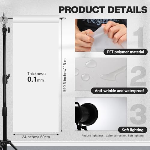 Nezyo Light Diffuser Sheet Diffusion Film Sheet Lighting Gel Diffuser Roll White Diffusion Paper for LED Flash Strobe Light Photography Video(24 x 590.6 Inch/ 0.61 x 15 M) - size: 24 x 590.6 Inch/ 0.61 x 15 M