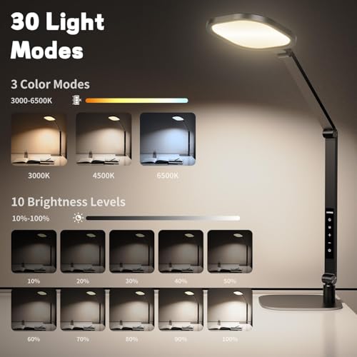 LitONES LED Desk Lamp for Home Office, Professional Eye-Caring Diffused Desk Light, 3 Color 10 Brightness Computer Light, Dimmable Office Lamp with Memory & Timer Func, Metal Swing Arm Table Lamp - color: Black (2-Pack)