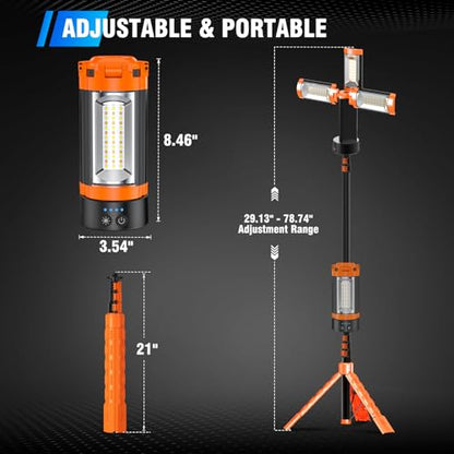 AKOFUN 12000mAh Camping Light with Stand, Rechargeable Work Light, 10000 Lumen Dimmable Cordless Work Light with 3 LED Lamp Heads, Magnetic Emergency Flashlight with 79" Detachable Tripod