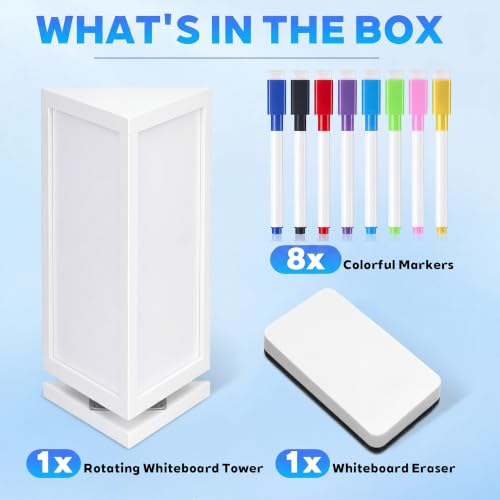 Lincia 3-sided Rotating Desktop Whiteboard Tower, Total 29.4" x 15.3" Dry Erase Board Planner with 8 Markers and Eraser, Multi-surface Memo Board for To-do Lists, Weekly Planning, Office, Home, School - style: 3-sided