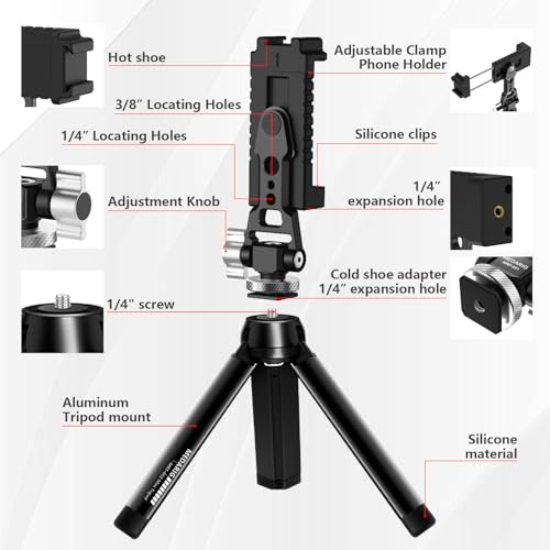 Aluminum Tripod Stand Mount Universal Smartphone Adapter with Cold Shoe Mount,360°Adjustable Cellphone Clamp Tripod Stand Holder,Compatible for iPhone,Samsung Galaxy and Cameras.