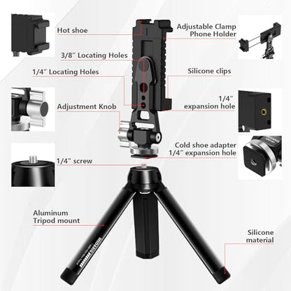 Aluminum Tripod Stand Mount Universal Smartphone Adapter with Cold Shoe Mount,360°Adjustable Cellphone Clamp Tripod Stand Holder,Compatible for iPhone,Samsung Galaxy and Cameras.