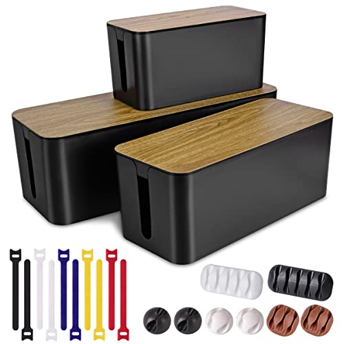 3 Pack Cable Management Box with 18 PCS Cable Management Set - Large & Medium & Small Wooden Grain Cable Organizer Box to Hide Wires & Power Strips | TV Cord Organizer Box | for Home & Office(Black) - color: Wooden Black
