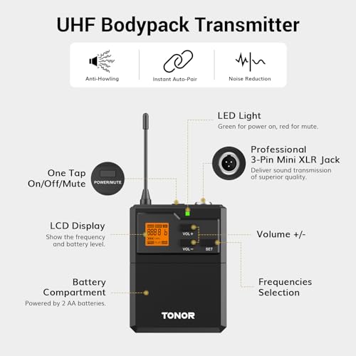 TONOR UHF Wireless Microphone System with Headset Lavalier Lapel Mic, Bodypack Transmitter, Rechargeable Receiver, 15 Channels 60 m/200ft Range 1/4" Output for Recording, 1 Bodypack Mic