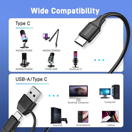 MAONO 2 in 1 USB Microphone Cable,USB C & USB A to USB Type C Fast Transfer Audio Cable,Compatible with USB Microphone DGM20S,DM30,DM40,PD100W,PD200XS,PD100X,5ft,Black
