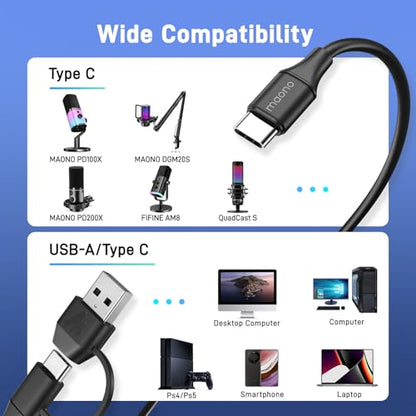 MAONO 2 in 1 USB Microphone Cable,USB C & USB A to USB Type C Fast Transfer Audio Cable,Compatible with USB Microphone DGM20S,DM30,DM40,PD100W,PD200XS,PD100X,5ft,Black