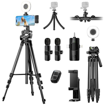 UBeesize Vlogging Kit for iPhone/Android, YouTube Starter Kit with Wireless Lavalier Microphone, Full & Flexible Tripods, LED Fill Light, for Tiktok Content Creators, Video Recording & Live Streaming