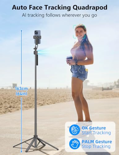 QIRITA 64" Auto Face Tracking Tripod, 360° Rotation Aluminum Quadrapod Selfie Stick with Remote, Phone Tripod Compatible with iPhone Android for Vlog TikTok Live Streaming - size: 64in- Auto Face Tracking Tripod