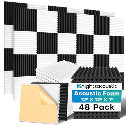 48 Pack Sound Proof Foam Panels for Walls with Self Adhesive, 12x12x1 Acoustic Foam Panels, High Density Acoustic Panels Sound Absorbing, Fire Resistant Studio Sound Proofing Black White - size: 48Packs White+Black with Adhesive